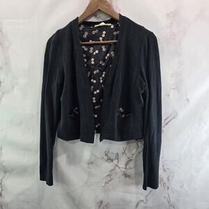 Anthropologie Sweater Womens Medium Black Cardigan Button Lined Open Crop